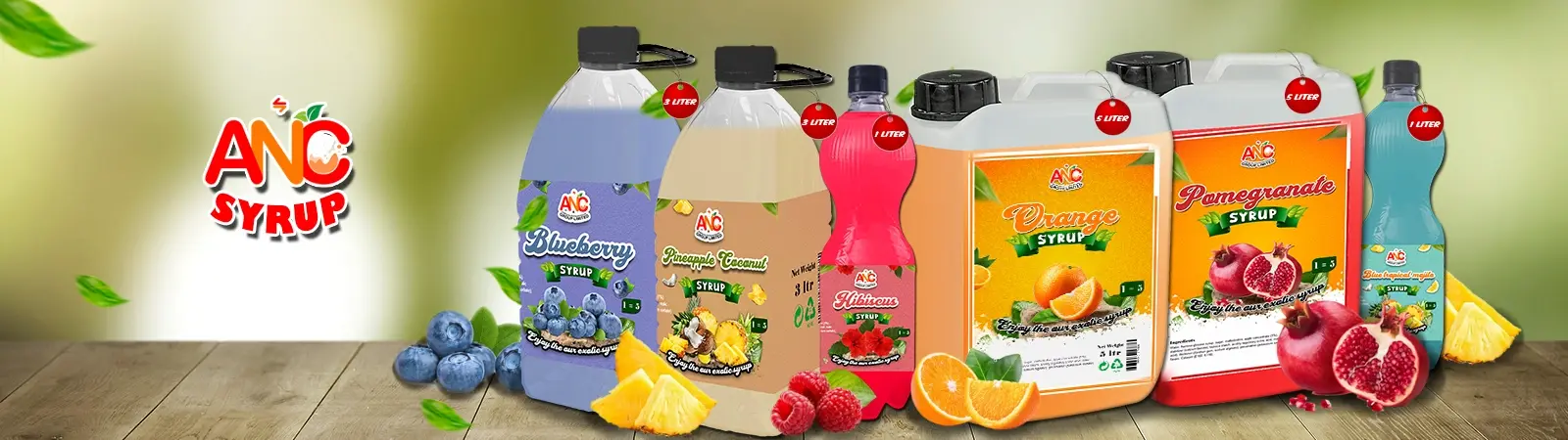 Variety of ANC syrup flavors, including blueberry, coconut, orange, and pomegranate, offering a delicious range for all your beverage needs.